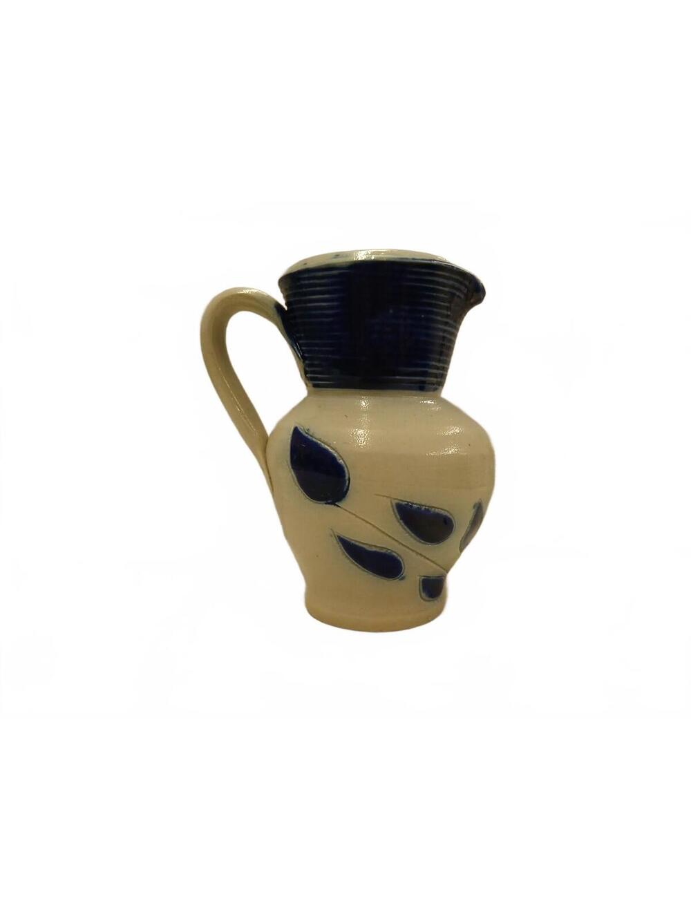 Vintage Clay Pitcher with Blue Leaf Design